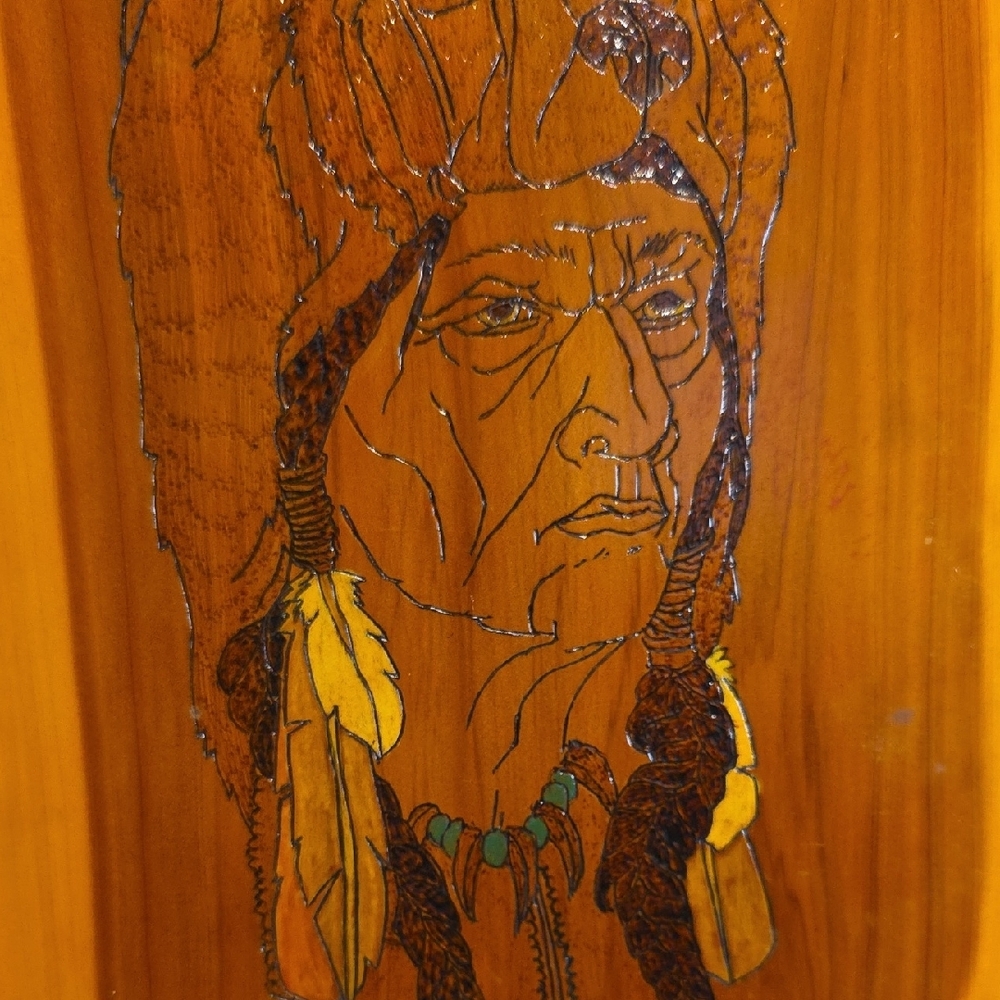Handcrafted Wooden Art with Native American With Bear Head Dress. - Picture 4 of 11